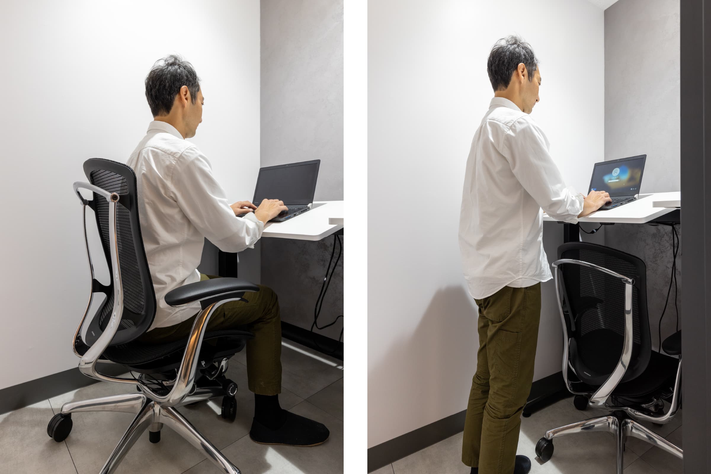 コワーキングスペース個室／4部屋ある個室ブースには、上下昇降テーブル(天板傾斜）を配置。立ち姿勢による執務は、気分の切替や疲労軽減にも繋がる。
