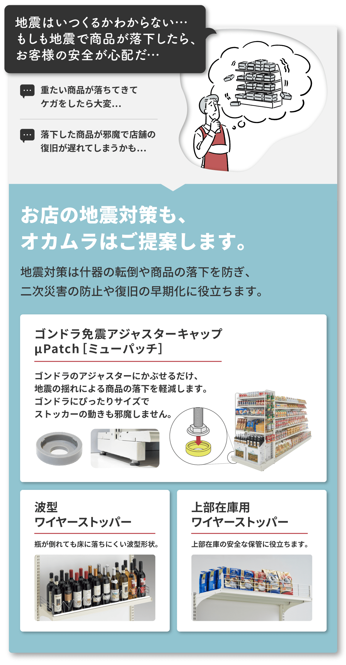 地震はいつくるかわからない…。もしも地震で商品が落下したら、お客様の安全が心配だ…