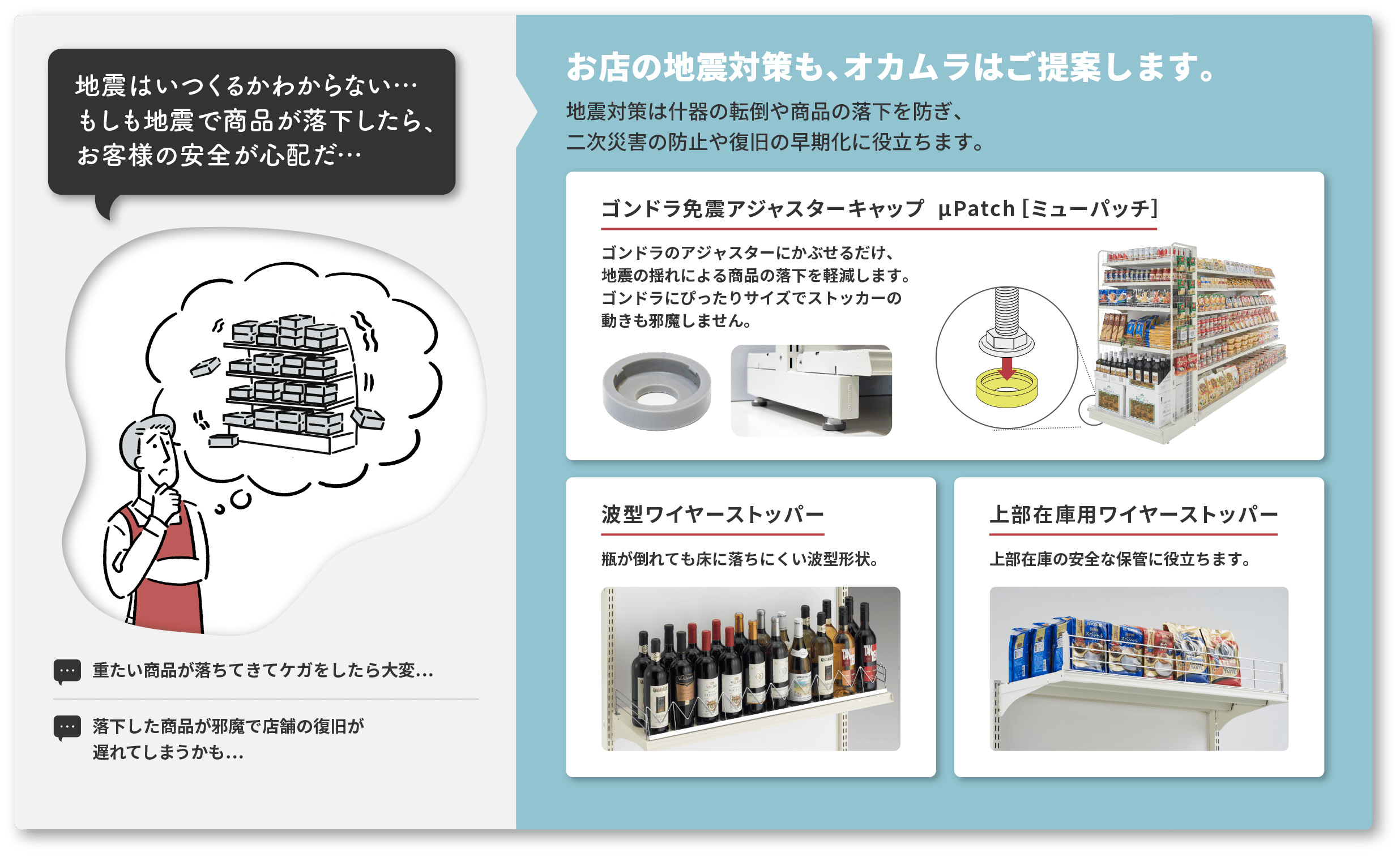 地震はいつくるかわからない…。もしも地震で商品が落下したら、お客様の安全が心配だ…