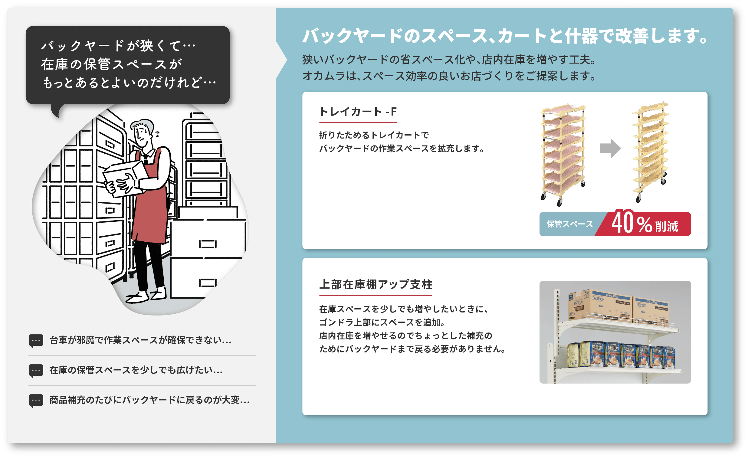 バックヤードが狭くて…在庫の保管スペースがもっとあるとよいのだけれど…